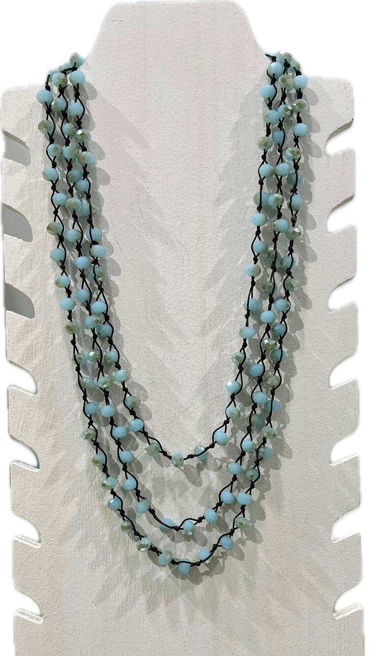 Handmade Turquoise Crystal Bead Dark Brown Threaded Long Necklace